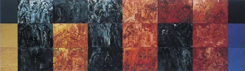 Fotograf: Erik Meistrup
Værk  titel: Den iscenesatte borger 
Værk  type: Maleri 
Materiale: Acryl på lærred og papir 
Størrelse: 210 x 700 cm 
Færdiggjort: 1996 