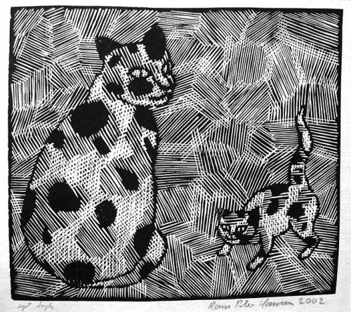 Fotograf: Karen Filskov
Værk  titel: Kat med killing 
Værk  type: Linoleumstryk 
Størrelse: 23 x 25 cm 
Færdiggjort: 2002 
