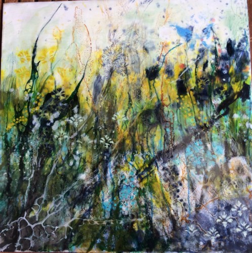 “Sommer i haven” 42x42 cm Encaustic på træbund, mange tynde lag af varm bivoks malet på en bund af træ, se evt mere på min hjemmeside www.hellequentin.weebly.com