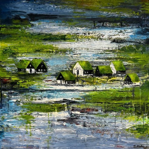 Village by the Sea. Faroese Landscape. 
Painting on canvas 70x70 cm.