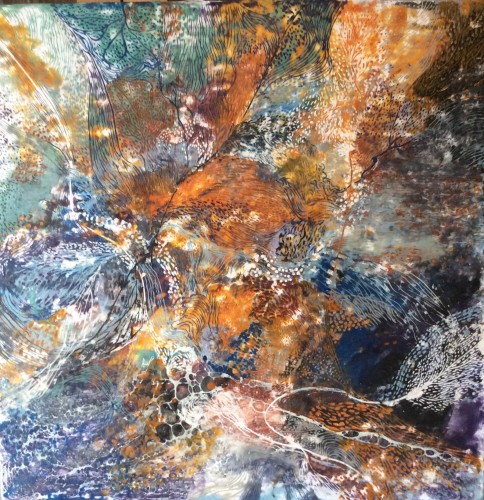 “Sensommer” 70x70 cm Encaustic på træbund, mange tynde lag af varm bivoks malet på en bund af træ, se evt mere på min hjemmeside www.hellequentin.weebly.com