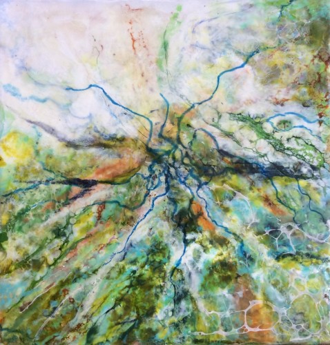 30x30 cm Encaustic på træbund, mange tynde lag af varm bivoks malet på en bund af træ, se evt mere på min hjemmeside www.hellequentin.weebly.com