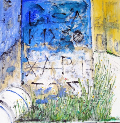 Ruin i Chorio, Symi 90x90 cm acryl på lærred.