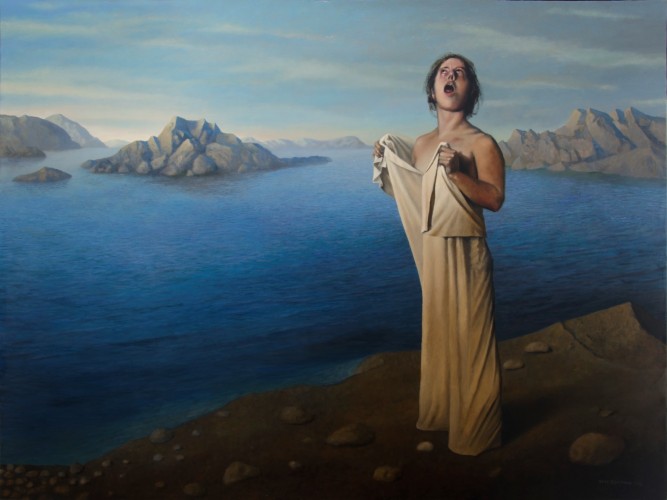 Singing woman at rocky coast 120x160 cm 2015